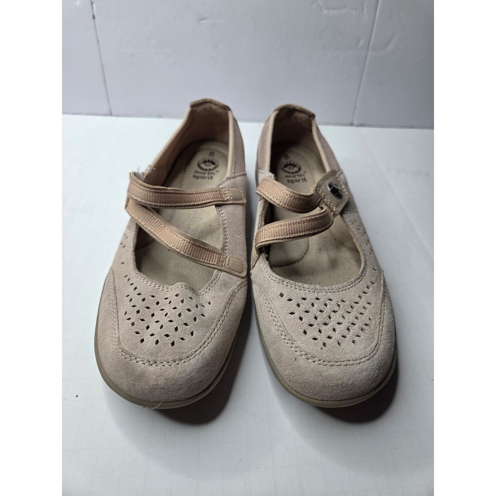 Earth Spirit Womens Tan Suede Mary Jane Flats Perforated Double Strap Size 8